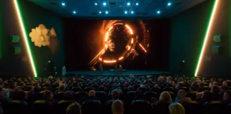 Filmy warte obejrzenia w kinie na dużym ekranie Kino wypełnione widzami z zapartym tchem na filmach wartych obejrzenia w kinie na dużym ekranie, z ekranem w tle