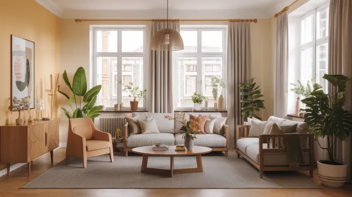 Harmonijne wnętrze z elementami feng shui, z roślinami, miękkim oświetleniem i zrównoważonymi kolorami. Główne zasady feng sh