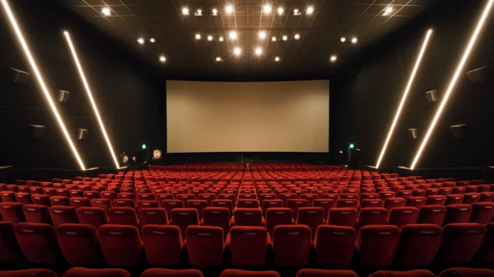 Rozświetlona sala kinowa z widownią, gdzie ludzie czekają na seans, symbolizująca temat jak taniej chodzić do kina w Polsce