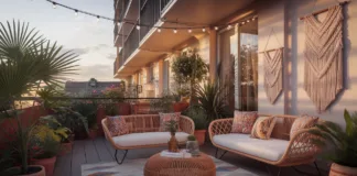 Jak urządzić taras w stylu boho – porady i inspiracje Przestronny taras urządzony w stylu boho, z wygodnymi meblami, roślinnością i kolorowymi tekstyliami, stwarzający atmosferę r