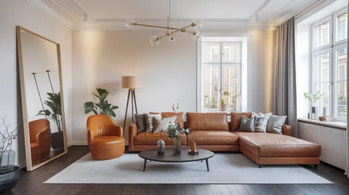 Stylowo urządzone wnętrze z dużymi lustrami, które optycznie powiększają przestrzeń i dodają uroku, idealne do zastosowania w