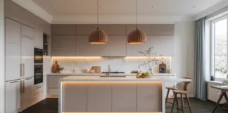 Jak skutecznie zaplanować oświetlenie w kuchni Stylowa kuchnia z różnorodnym oświetleniem, ilustracja pokazująca, jak zaplanować oświetlenie w kuchni dla lepszej funkcjonal