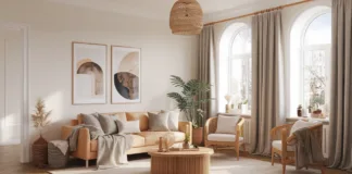 Zalety naturalnych materiałów w aranżacji wnętrz Przytulne wnętrze z naturalnymi materiałami, takimi jak drewno i wełna, odzwierciedlające zalety wykorzystania naturalnych ma