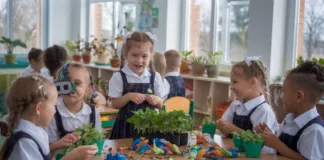 Jak zorganizować Dzień Ziemi w szkole – praktyczne porady Kolorowe plakat z hasłami ekologicznymi oraz dzieci biorące udział w zajęciach na Dzień Ziemi w szkole, używając materiały na