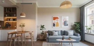Meble wielofunkcyjne dla małych mieszkań – praktyczne rozwiązania Nowoczesne meble wielofunkcyjne w przytulnym, małym mieszkaniu, łączące sofę z funkcją spania i stół jadalny