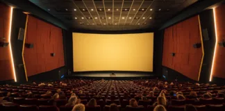 Najlepsze miejsca w kinie do siedzenia – gdzie usiąść? Wielka sala kinowa z widownią, podświetlonym ekranem i wyraźnie zaznaczonymi najlepszymi miejscami w kinie do siedzenia