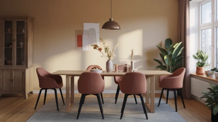 Nowoczesne meble do jadalni w eleganckich odcieniach beżu i szarości, tworzących stylową, przytulną przestrzeń do spożywania 