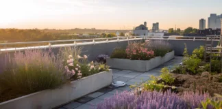 Ogród kwiatowy na dachu – pomożemy Ci go stworzyć Przestronny i kolorowy ogród kwiatowy na dachu, pełen różnorodnych roślin, idealny do relaksu w miejskim otoczeniu