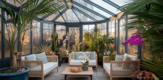 Jak urządzić zimowy ogród idealny do relaksu Przestronny ogród zimowy, pełen zielonych roślin, strefy relaksu i stylowych mebli, idealny do odpoczynku i spotkań towarzysk