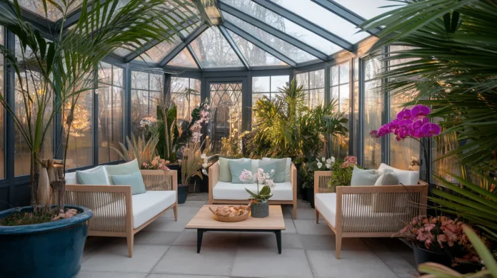 Przestronny ogród zimowy, pełen zielonych roślin, strefy relaksu i stylowych mebli, idealny do odpoczynku i spotkań towarzysk
