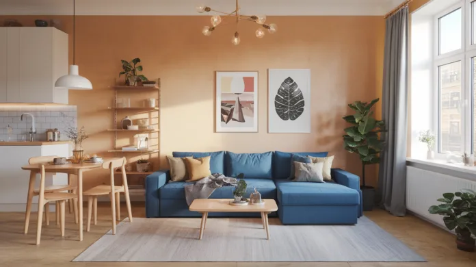 Stylowe meble wielofunkcyjne w małym mieszkaniu, w tym rozkładana sofa, idealne do praktycznego przechowywania i relaksu