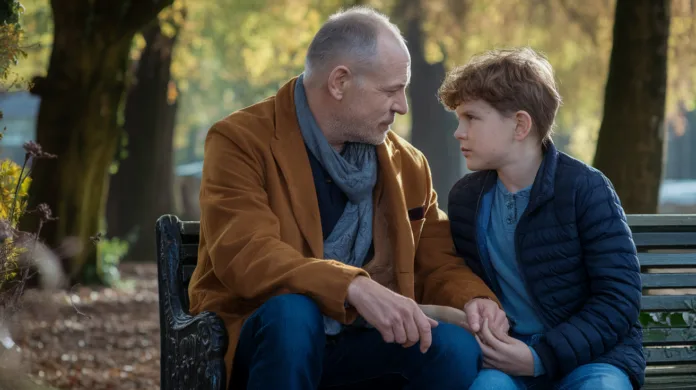 Rodzina siedząca przy stole, wyrazy niepokoju na twarzach, symbolizujące toksyczne relacje i sygnały ostrzegawcze