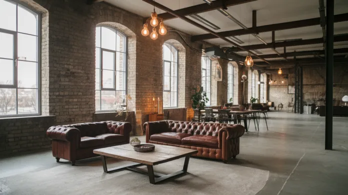 Przestronne wnętrze w stylu industrialnym z odsłoniętymi cegłami, metalowymi akcentami i minimalistycznymi meblami