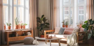 Zrównoważona dekoracja wnętrz z dbałością o ekologię Przytulne wnętrze z naturalnymi materiałami, roślinami oraz zrównoważoną dekoracją wnętrz - ekologia w domu w harmonii z natu