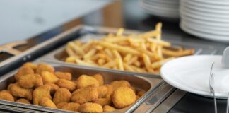 Przepis na zdrowe nuggetsy z kurczaka w 30 minut Na talerzu apetyczne zdrowe nuggetsy z kurczaka, udekorowane ziołami i sosami, idealne wg przepisu na zdrowe nuggetsy z kurcz